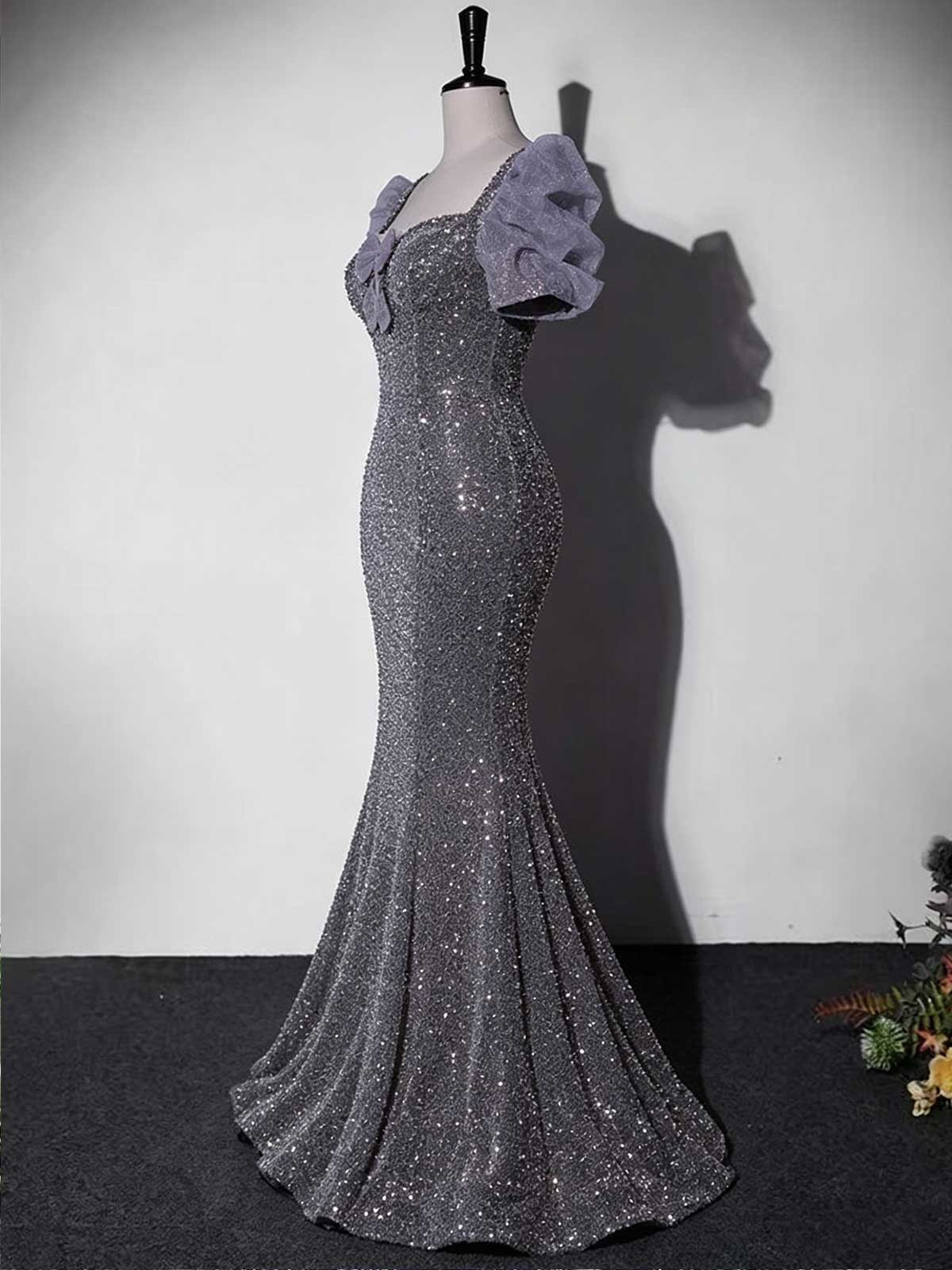 Lavender Gray Sequin Mermaid Evening Gown with Bow Detail & Puff Sleeves
