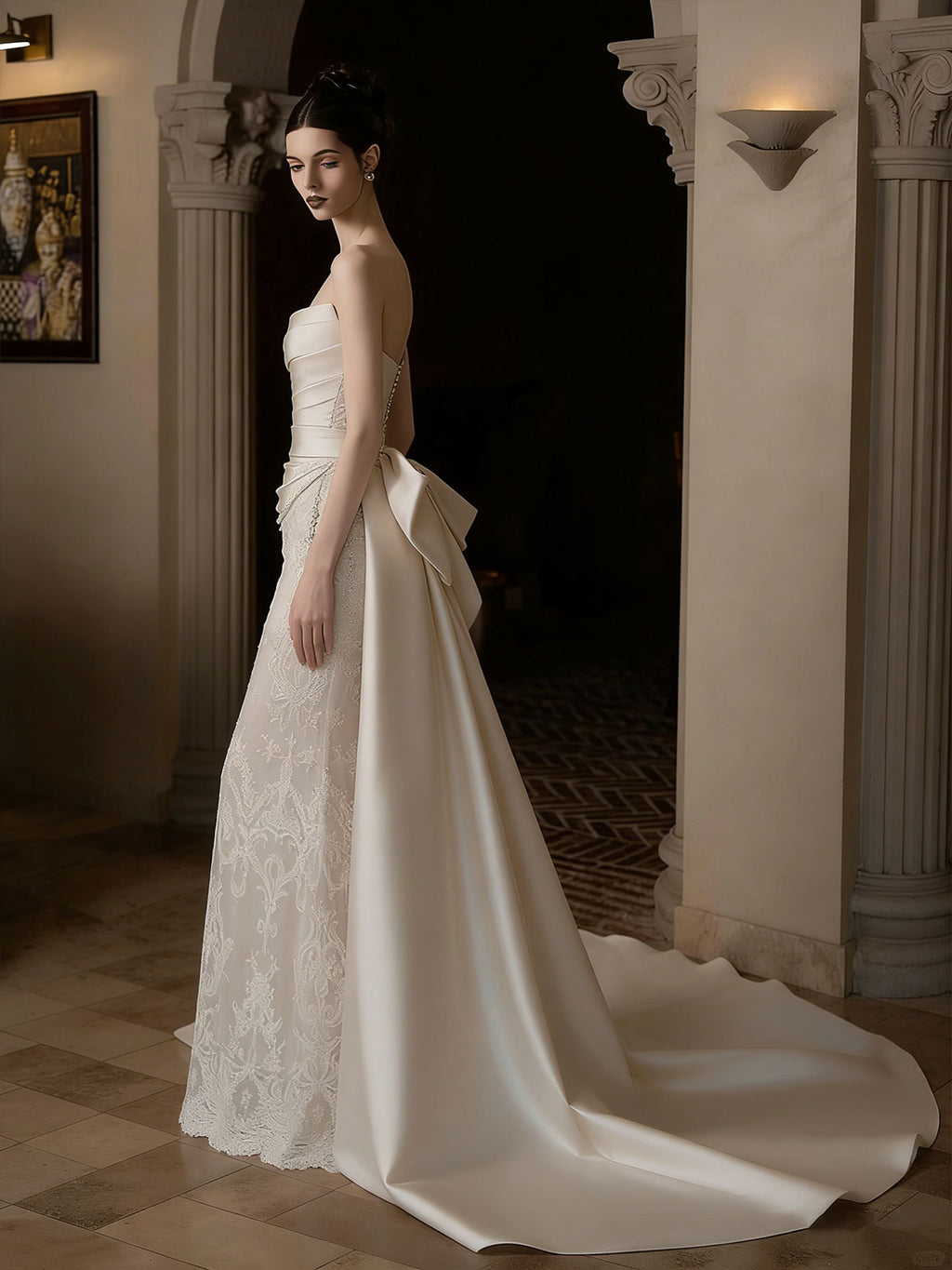 Strapless Satin Lace Mermaid Wedding Dress with Oversized Bow & Train