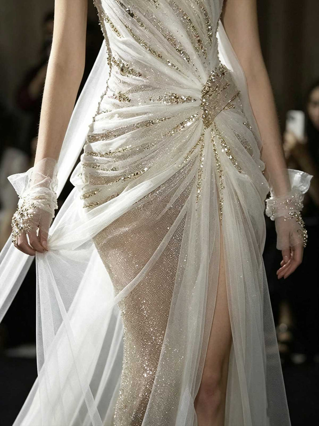 Gold Crystal Beaded Strapless Sheer Mermaid Evening Gown with Slit
