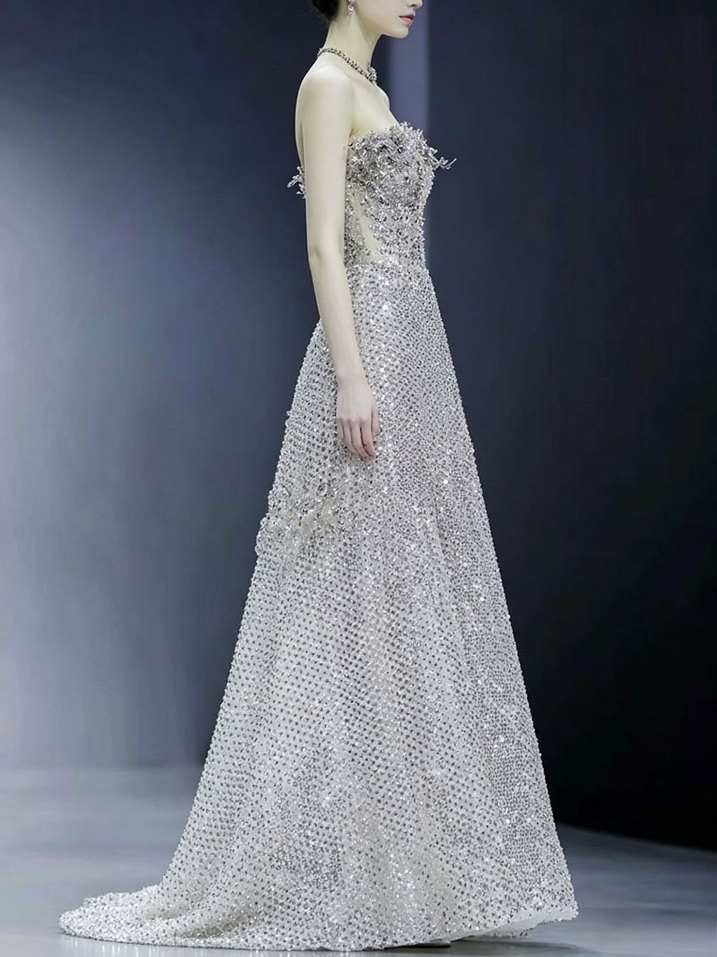 Strapless Floral Crystal All Over Rhinestone A-Line Evening Gown