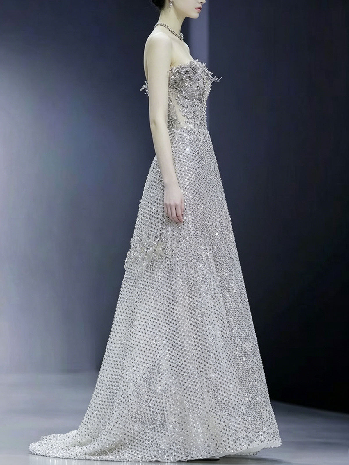 Strapless Floral Crystal All Over Rhinestone A-Line Evening Gown