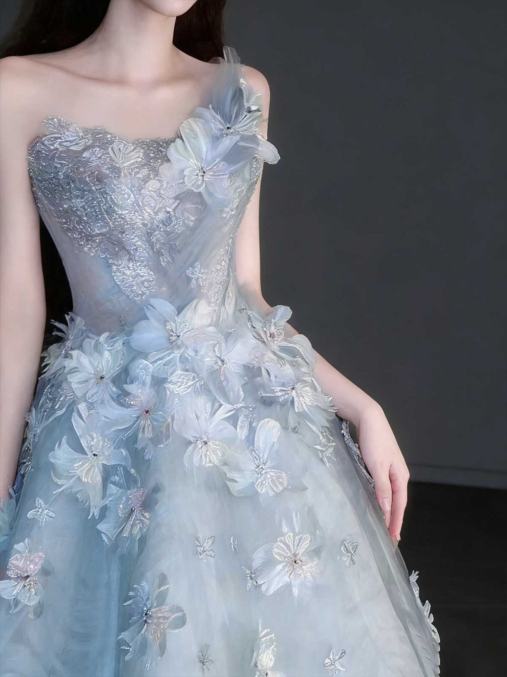 Ice Blue Gradient 3D Floral One Shoulder A-Line Prom Gown