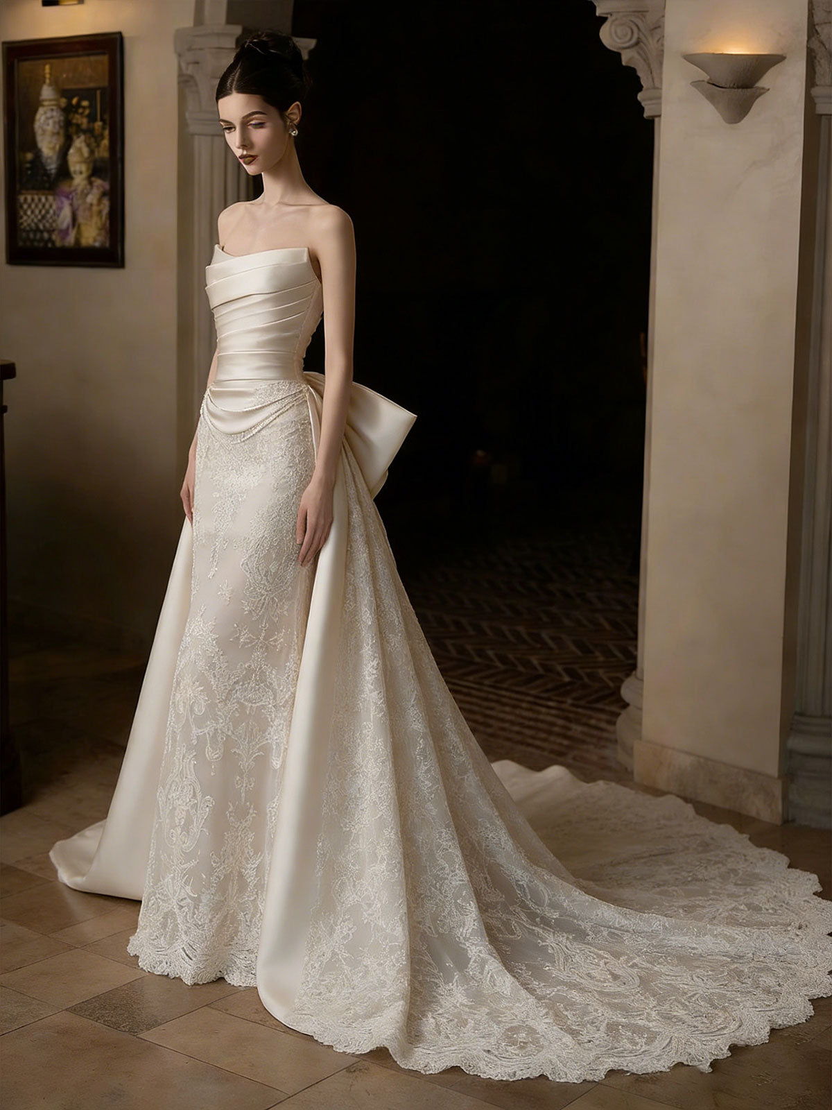 Strapless Satin Lace Mermaid Wedding Dress with Oversized Bow & Train