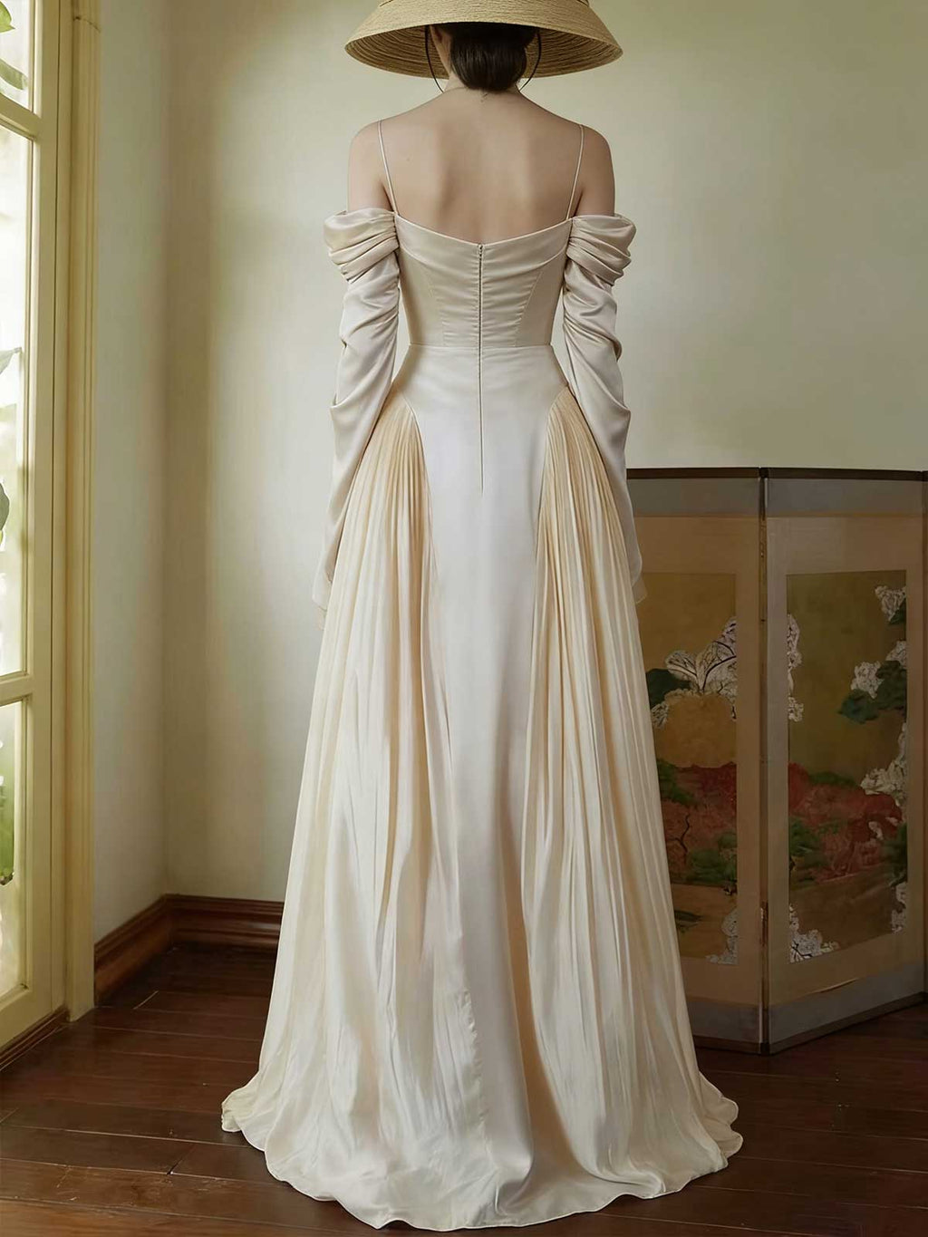 Ivory Off-Shoulder Satin Pleated Maxi Wedding Gown