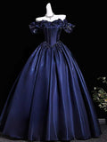 Navy Blue Off-the-Shoulder Satin Ball Gown with Corset Bodice