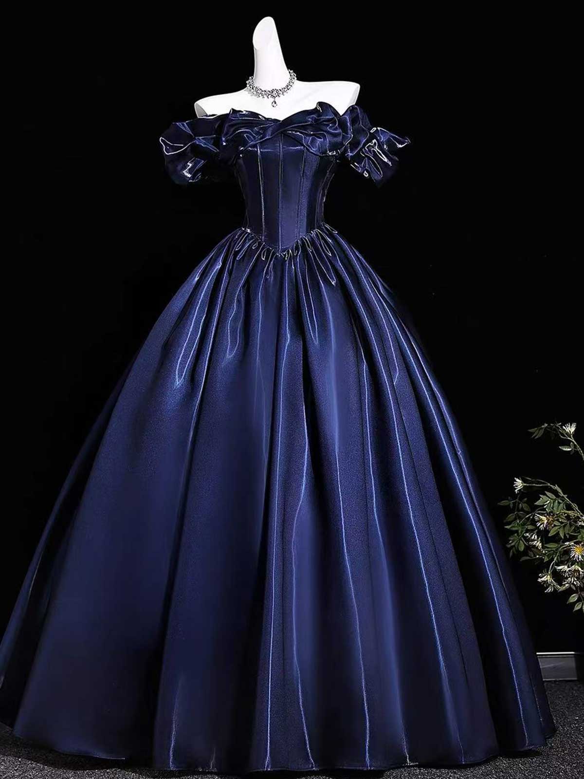 Navy Blue Off-the-Shoulder Satin Ball Gown with Corset Bodice