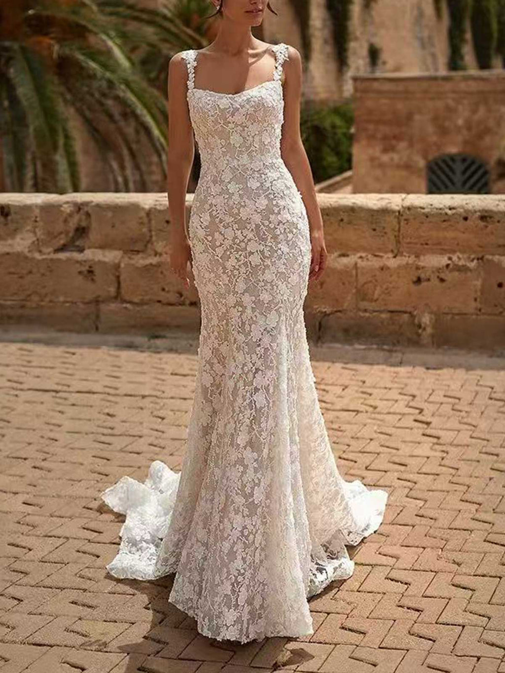 Ivory Lace Square Neck Spaghetti Strap Mermaid Wedding Dress