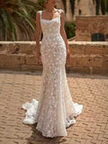 Ivory Lace Square Neck Spaghetti Strap Mermaid Wedding Dress