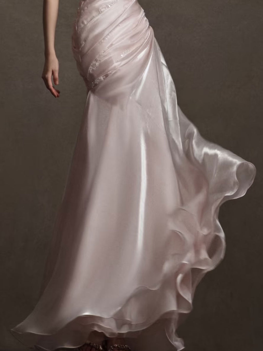 Blush Pink Strapless Mermaid Gown with Ruched Bodice & Beaded Accents