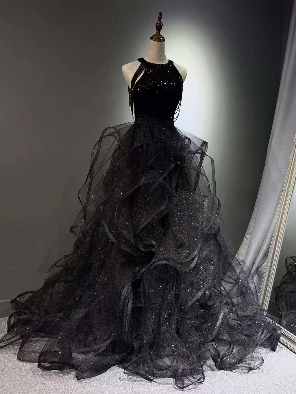Black Halter Sequin Evening Gown with Tiered Ruffled Tulle Skirt