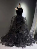 Black Halter Sequin Evening Gown with Tiered Ruffled Tulle Skirt