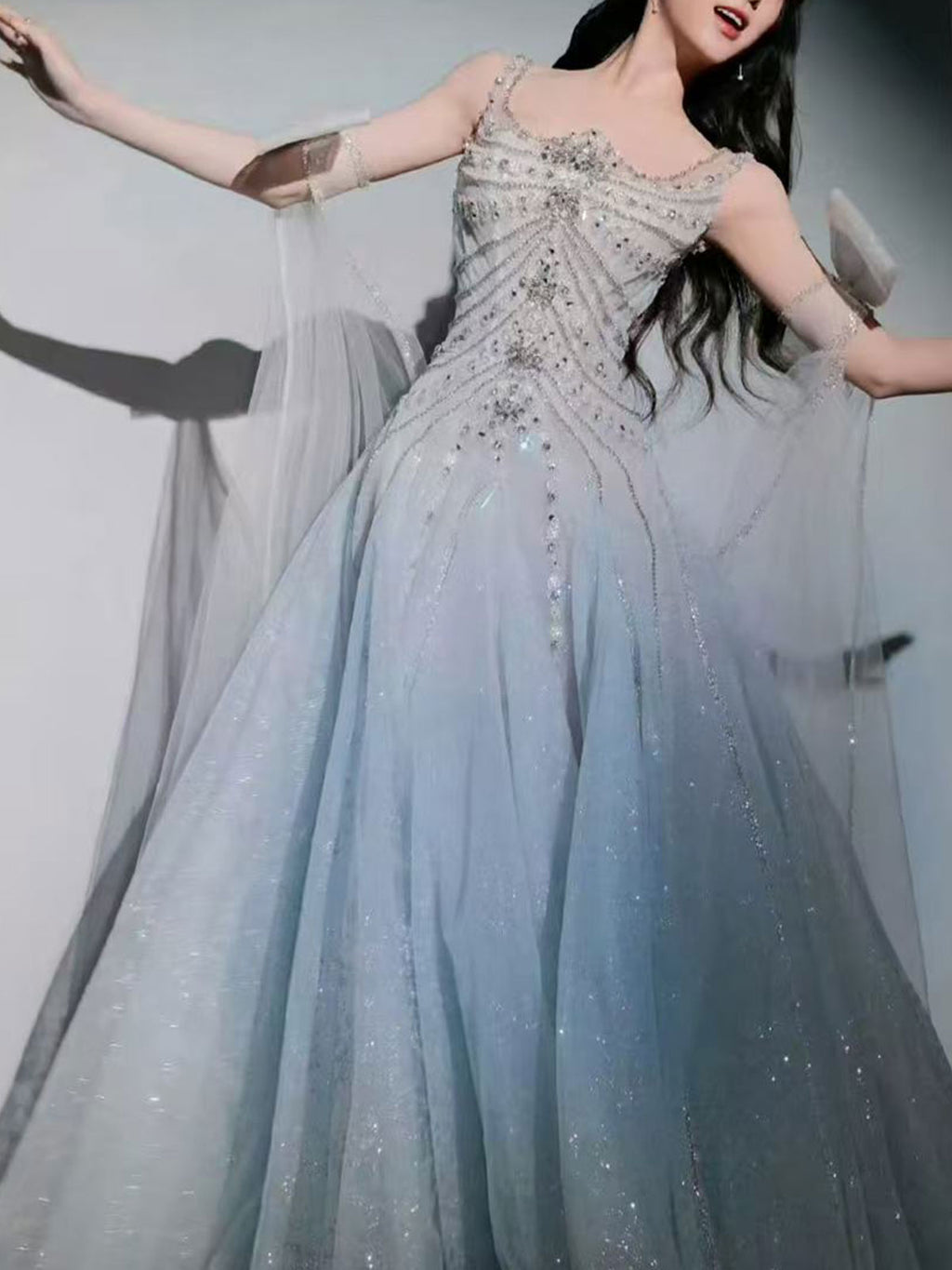 Spaghetti Strap Ombre Blue Beaded Glitter Tulle Formal Evening Dress