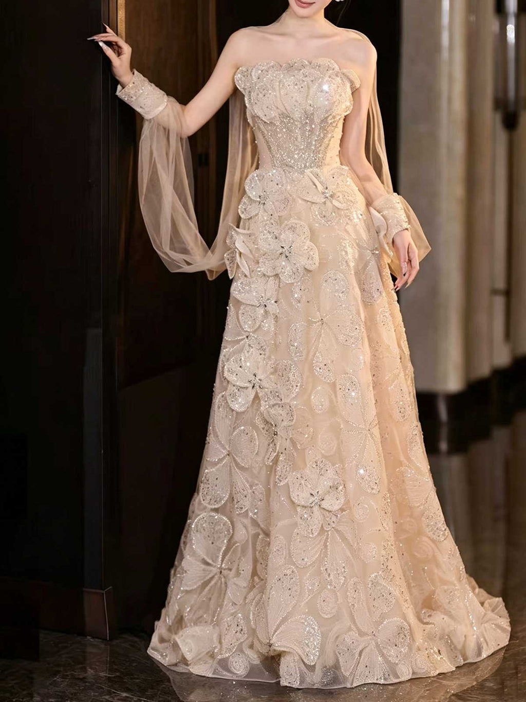 Champagne Gold 3D Floral Beaded Strapless A-Line Evening Gown with Sleeves