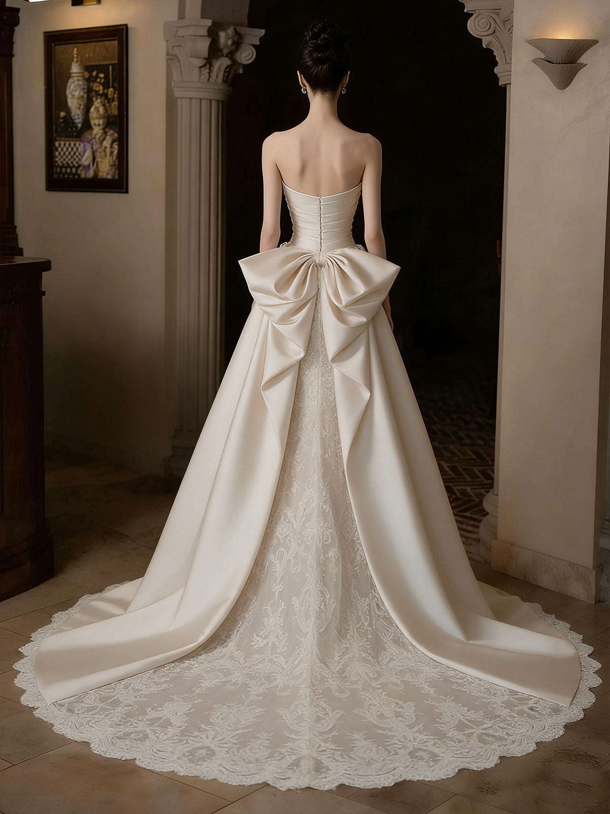 Strapless Satin Lace Mermaid Wedding Dress with Oversized Bow & Train