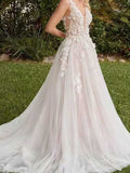 Ivory 3D Floral Applique V-Neck Sheer Tulle A-Line Wedding Dress