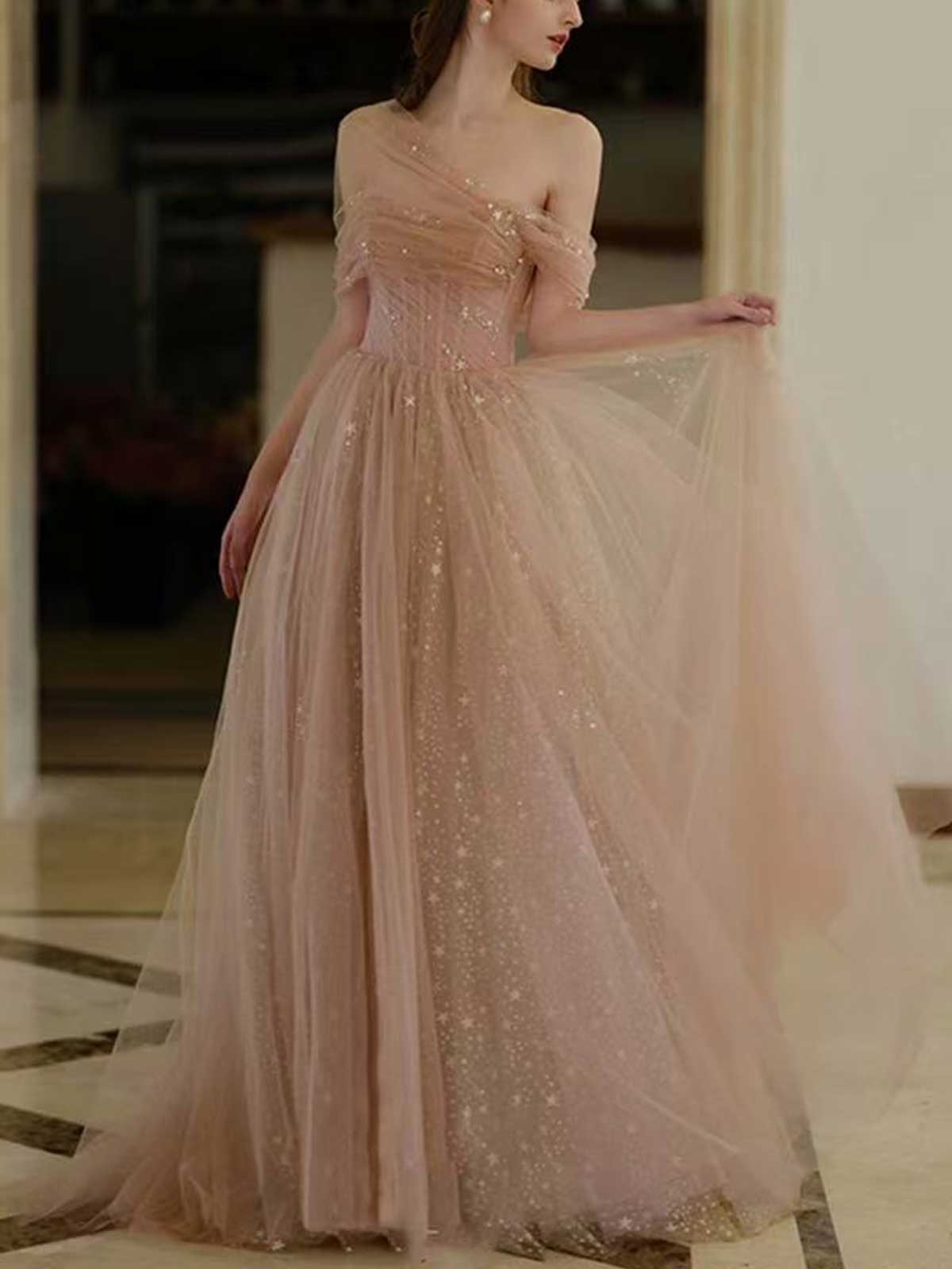 Nude Pink Starry Tulle Evening Gown