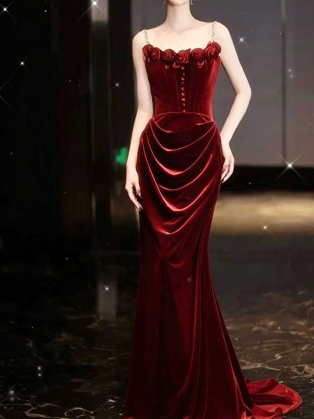 Burgundy Velvet Rose Applique Strapless Mermaid Evening Gown