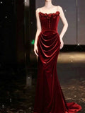 Burgundy Velvet Rose Applique Strapless Mermaid Evening Gown
