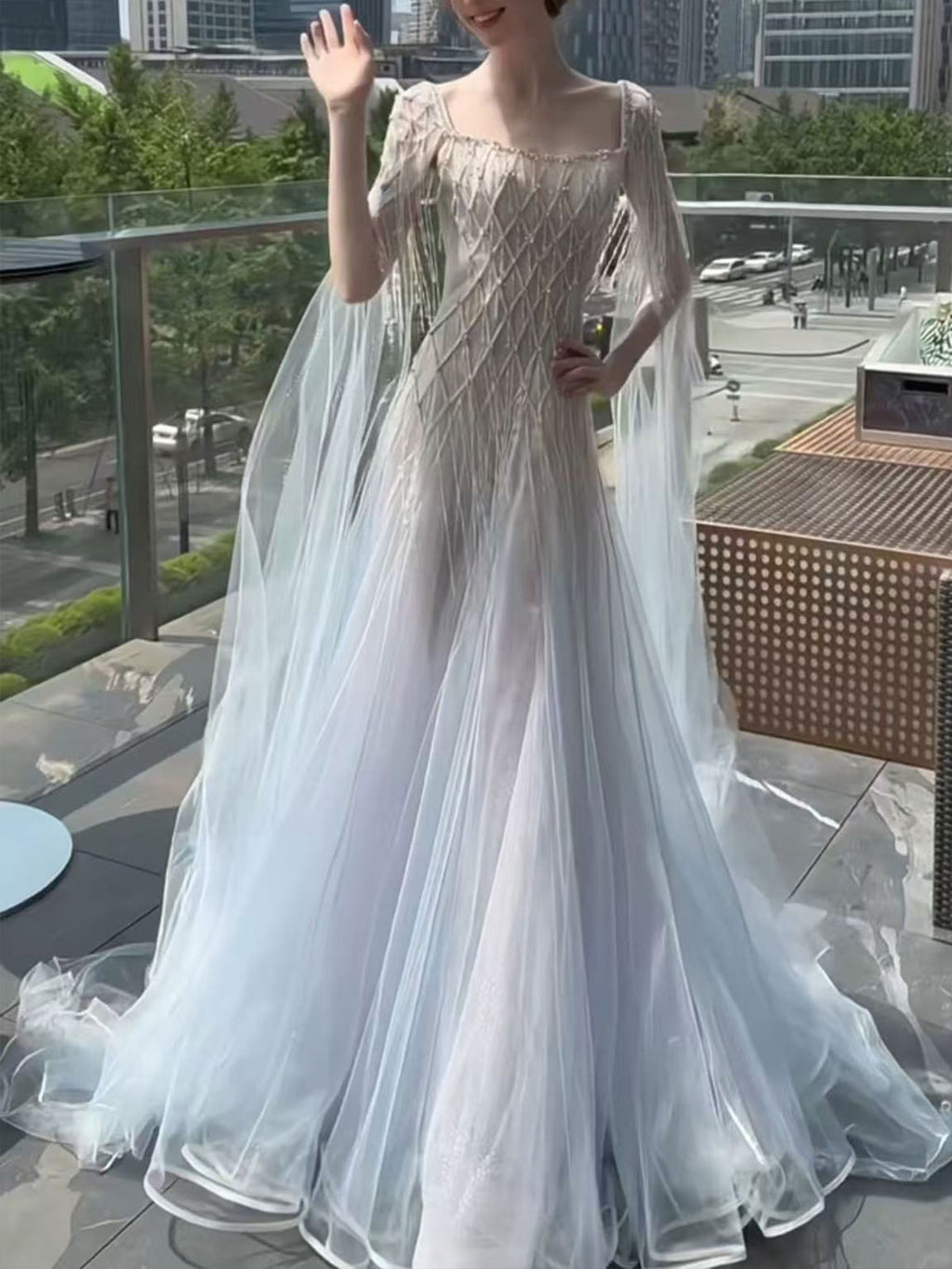 Square Neck Crisscross Beaded Cape Tulle Mermaid Evening Gown