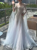 Square Neck Crisscross Beaded Cape Tulle Mermaid Evening Gown