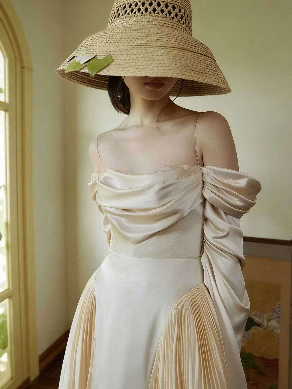 Ivory Off-Shoulder Satin Pleated Maxi Wedding Gown
