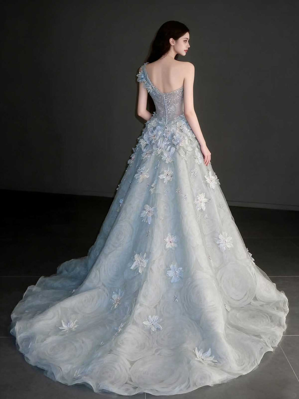 Ice Blue Gradient 3D Floral One Shoulder A-Line Prom Gown