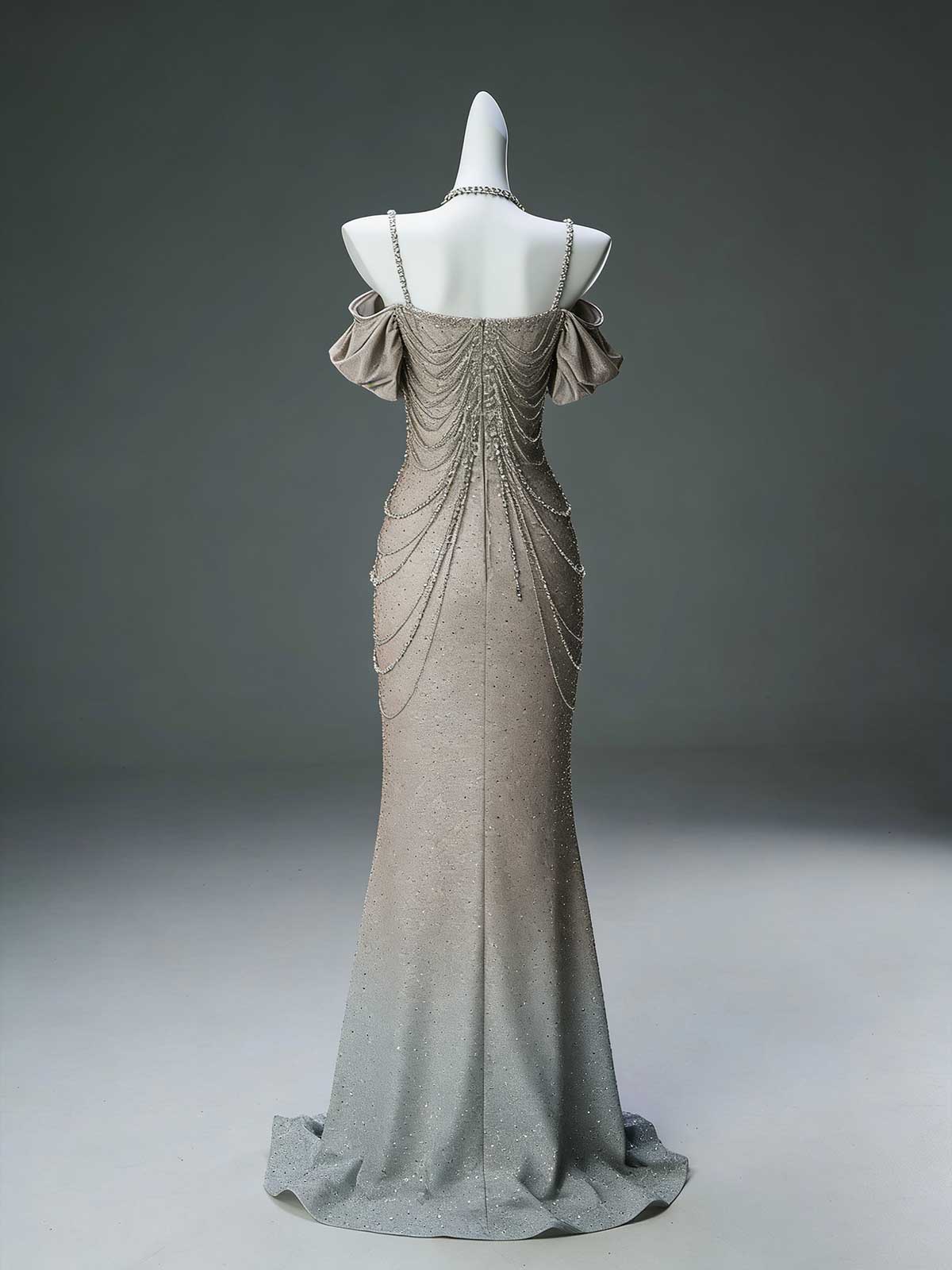 Ombre Beaded Mermaid Gown with Off-the-Shoulder Puff Sleeves & Crystal Chains