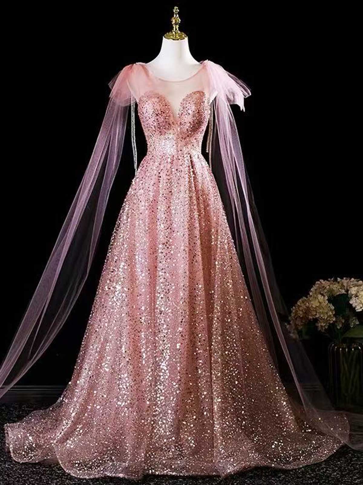 Blush Pink Sequin A-Line Prom Dress with Sheer Cape Sleeves