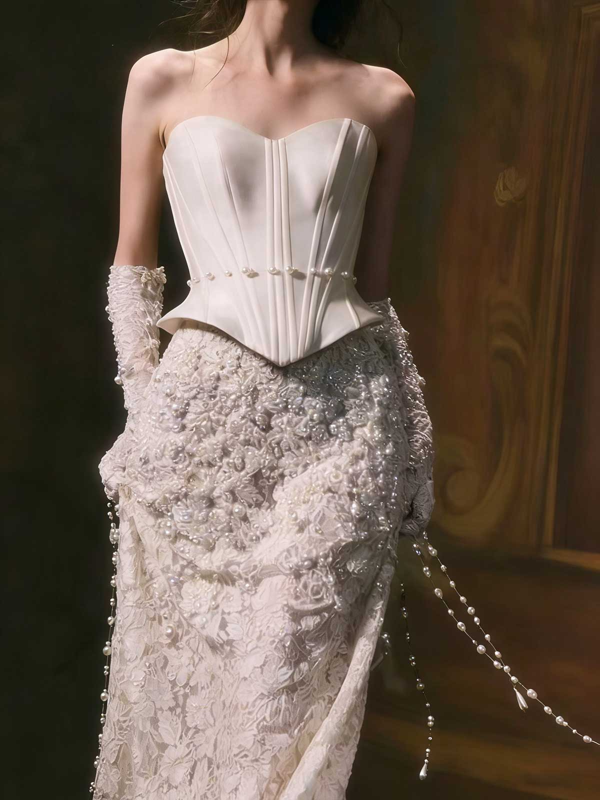 Ivory Strapless Corset Lace Mermaid Wedding Gown