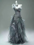 One Shoulder Grey Floral Ruffle Irregular Tulle Mermaid Formal Gown