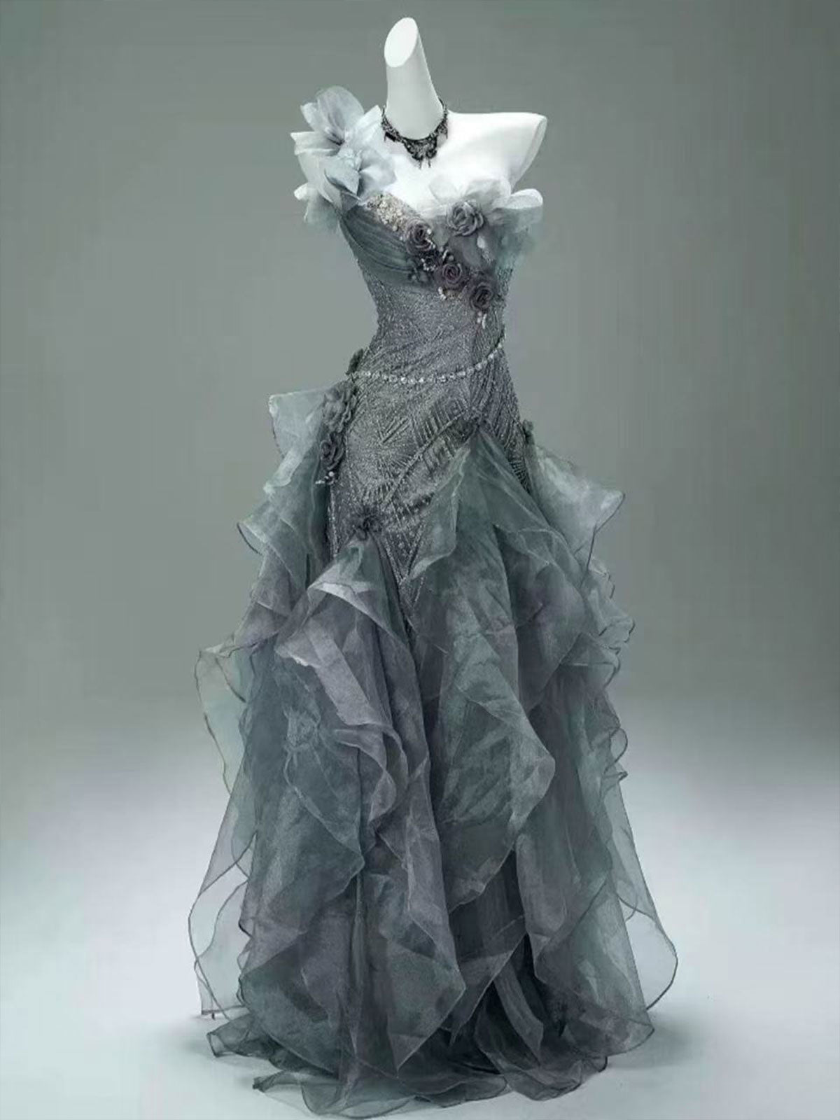 One Shoulder Grey Floral Ruffle Irregular Tulle Mermaid Formal Gown
