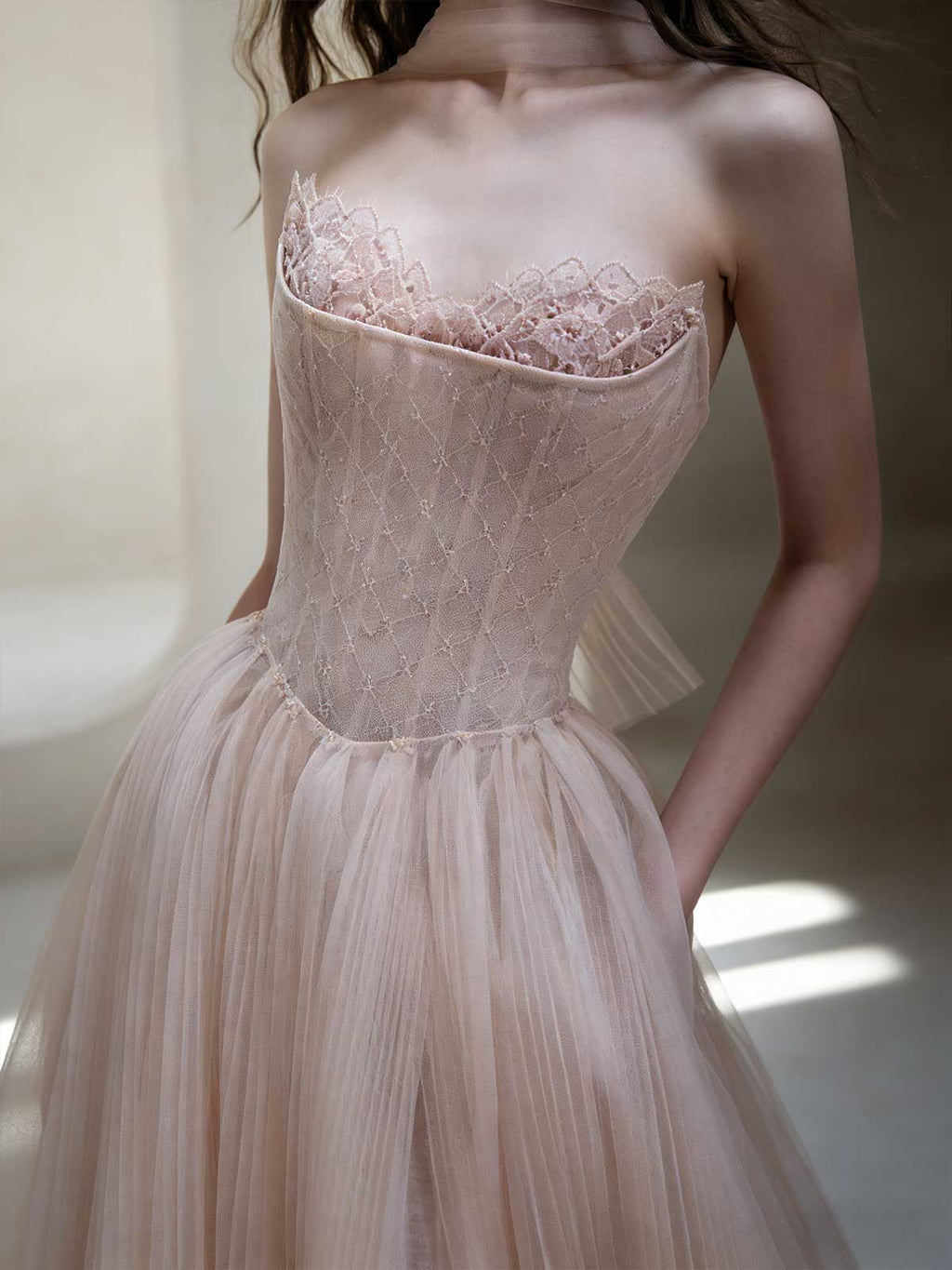 Blush Pink Strapless Tulle A-Line Evening Gown with Beaded Lace Bodice