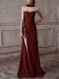 Burgundy Strapless High-Slit Evening Gown with Beaded Lining