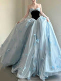 Light Blue Tulle Strapless Ball Gown with Black Velvet Bodice & Butterfly Appliqués