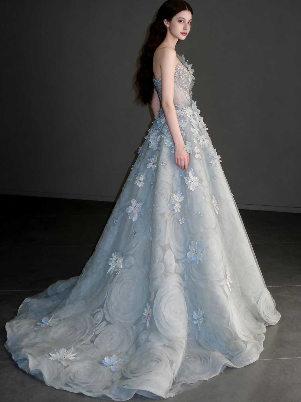 Ice Blue Gradient 3D Floral One Shoulder A-Line Prom Gown
