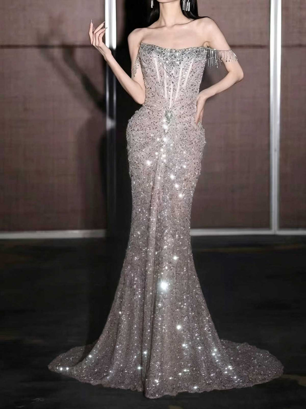 Silver Sequin Fringe Off-the-Shoulder Mermaid Evening Gown
