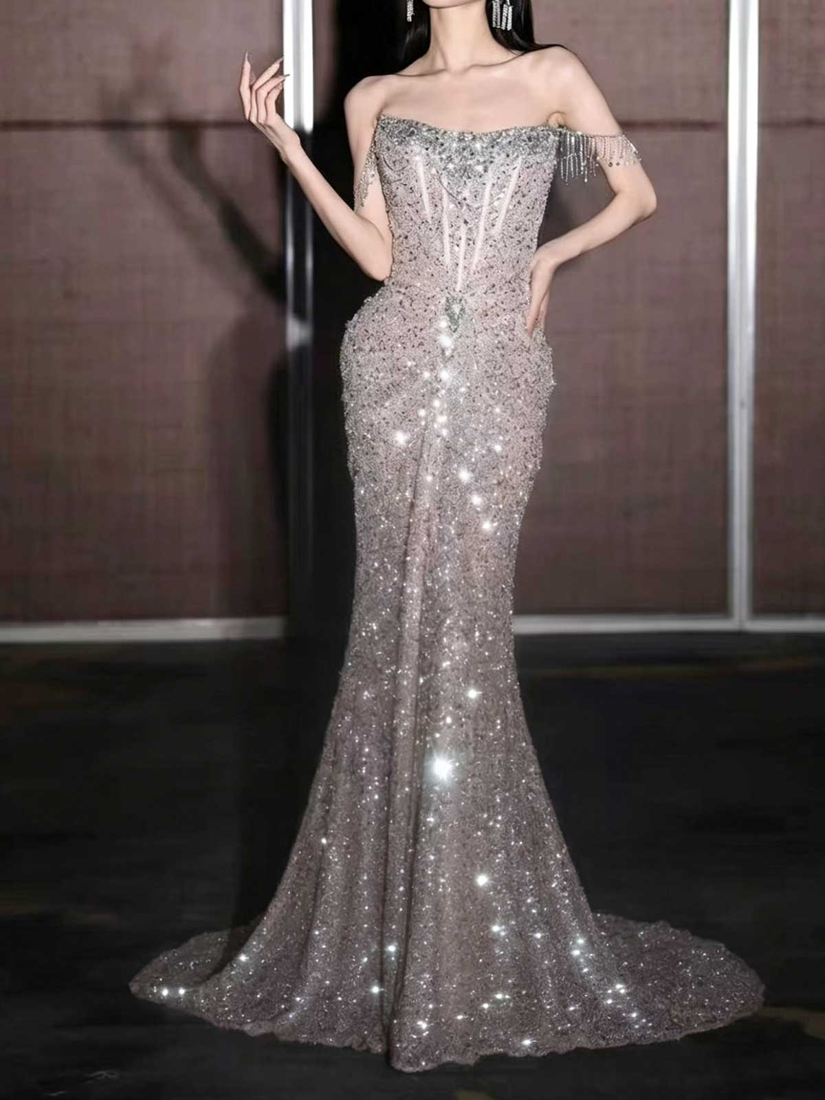 Silver Sequin Fringe Off-the-Shoulder Mermaid Evening Gown