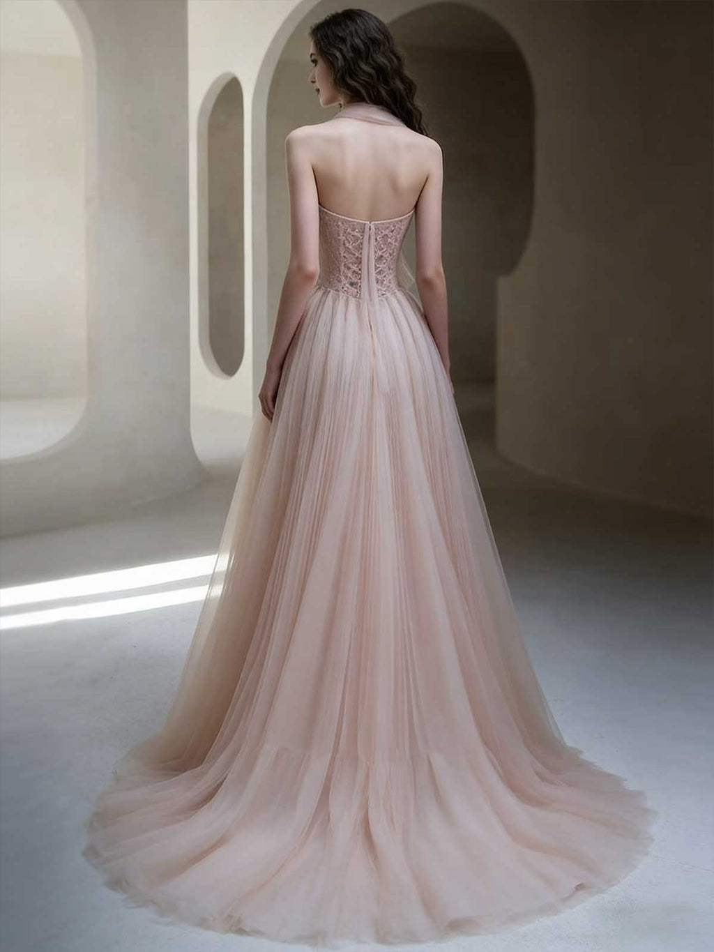Blush Pink Strapless Tulle A-Line Evening Gown with Beaded Lace Bodice