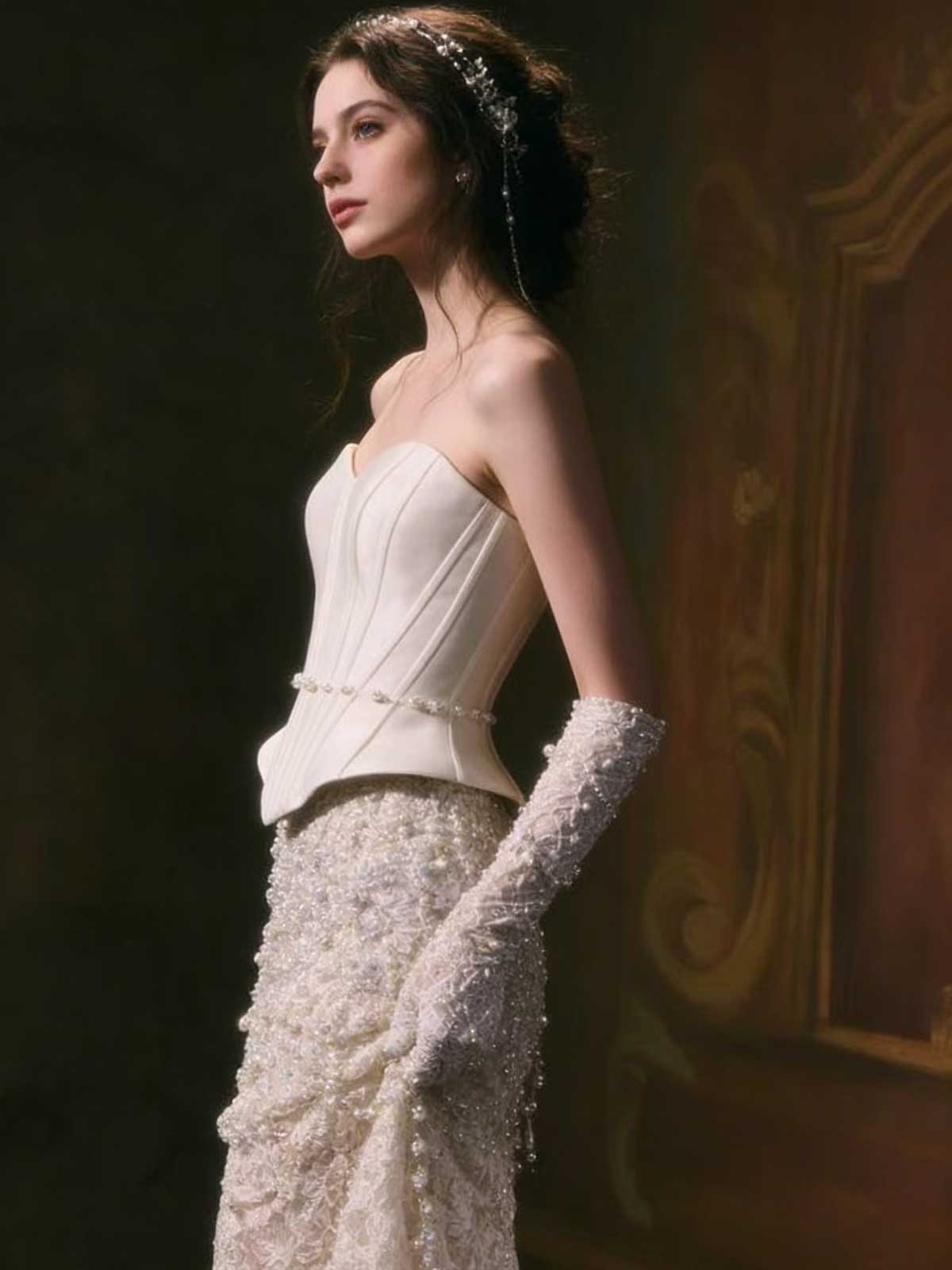 Ivory Strapless Corset Lace Mermaid Wedding Gown