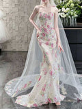 Ivory 3D Floral Embroidered Strapless Mermaid Wedding Dress with Veil