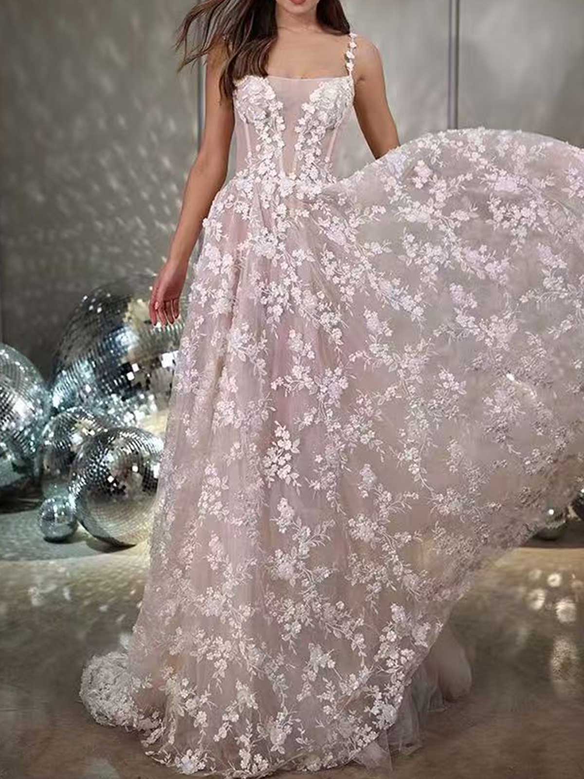Blush Pink 3D Floral Applique Spaghetti Strap A-Line Prom Gown