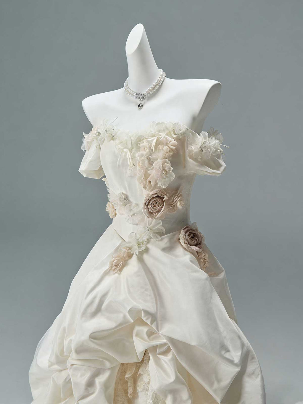 Vintage Champagne Satin 3D Floral Off-the-Shoulder Ball Gown Wedding Dress