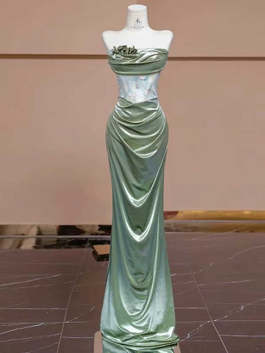 Sage Green Satin Evening Gown