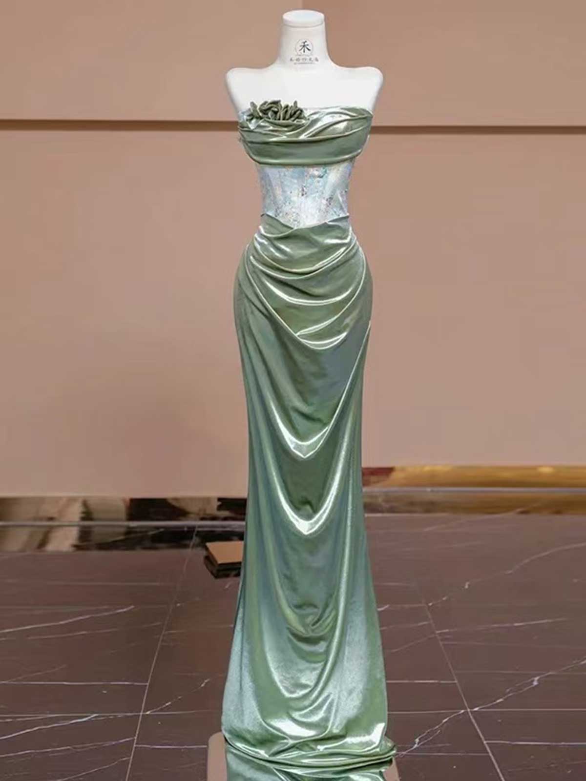 Sage Green Satin Evening Gown
