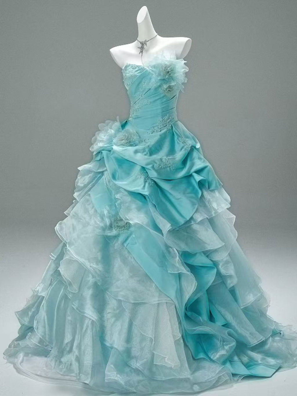 Strapless Aqua Floral Ruffle Layer Tulle A-Line Evening Ball Gown