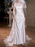 Strapless Satin Sheath Wedding Dress with Pearl Chain & Lace Veil