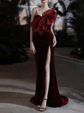 Burgundy Velvet One-Shoulder Mermaid Evening Gown with Bow & Slit