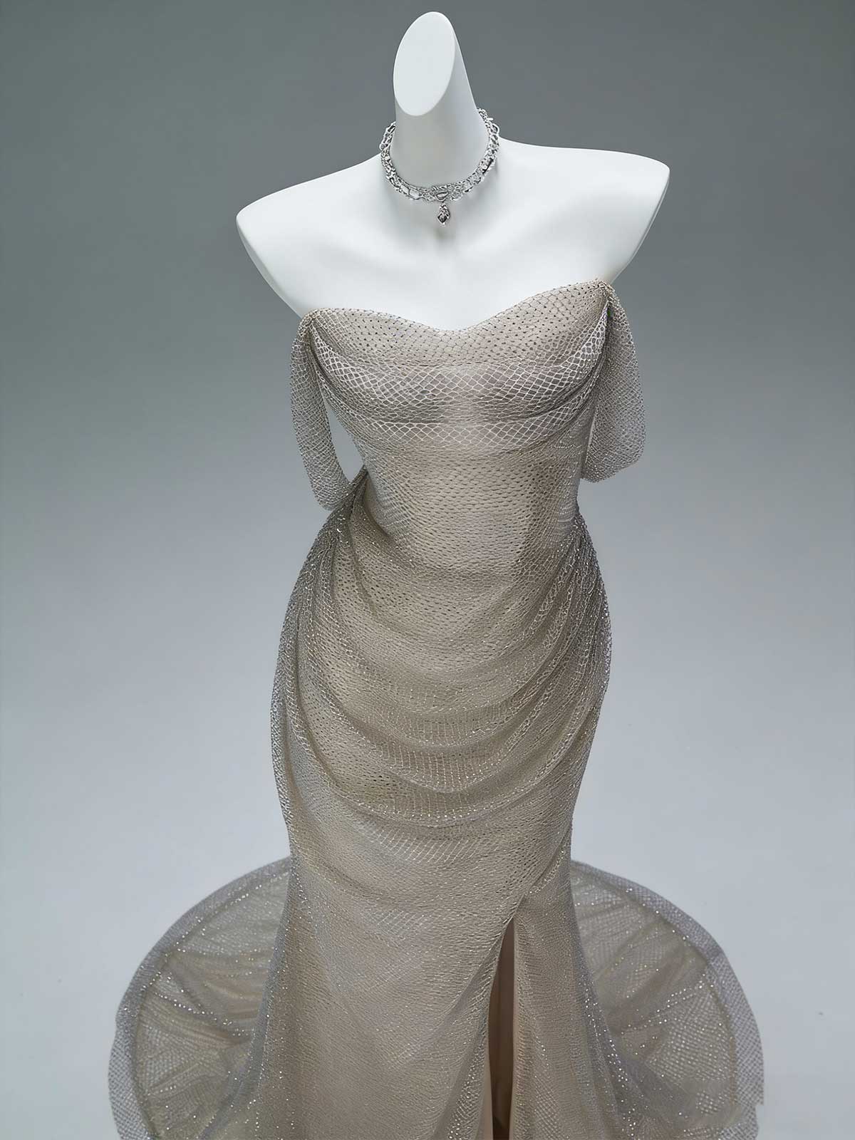 Champagne Off-the-Shoulder Beaded Mesh Mermaid Gown with High Slit