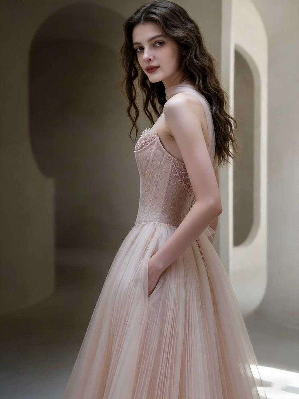 Blush Pink Strapless Tulle A-Line Evening Gown with Beaded Lace Bodice