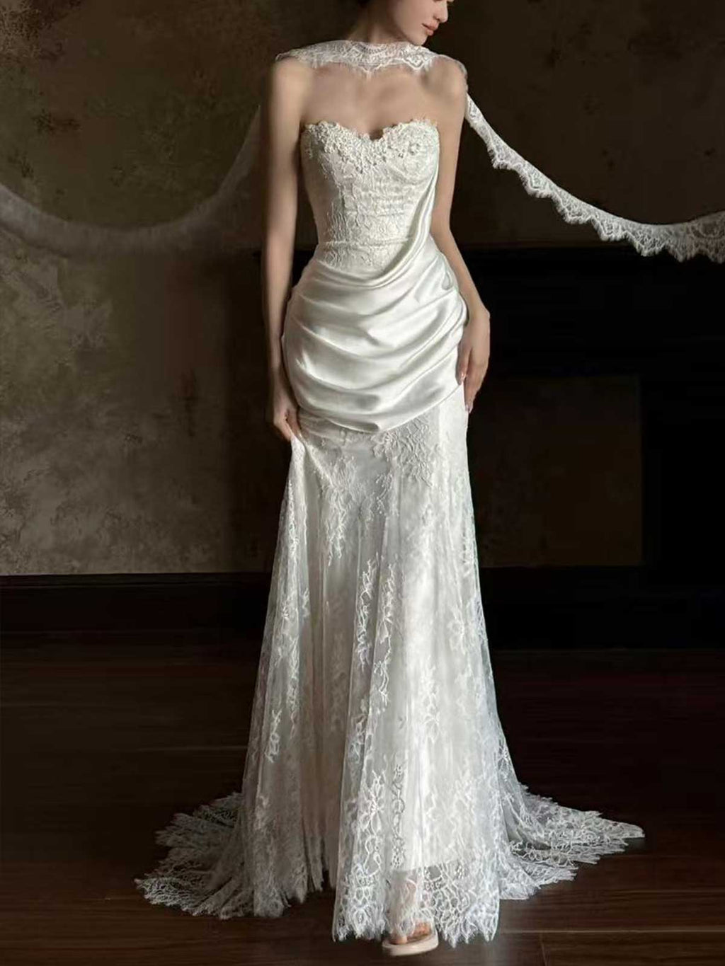 Vintage Lace & Satin Strapless Mermaid Wedding Dress with Sheer Neckline